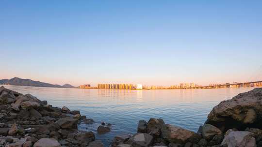 江边城市黄昏建筑风景延时