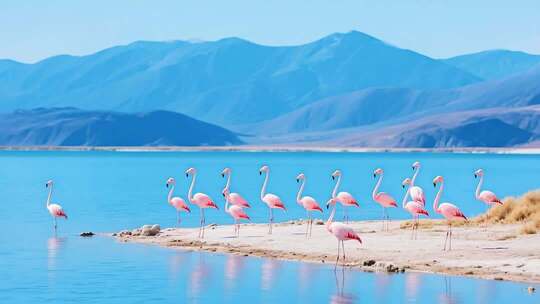 湖边站立的火烈鸟群