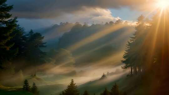 清晨云雾阳光森林风景