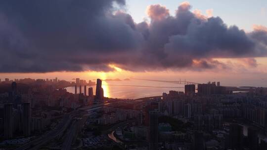 珠海澳门港珠澳大桥日出航拍视频