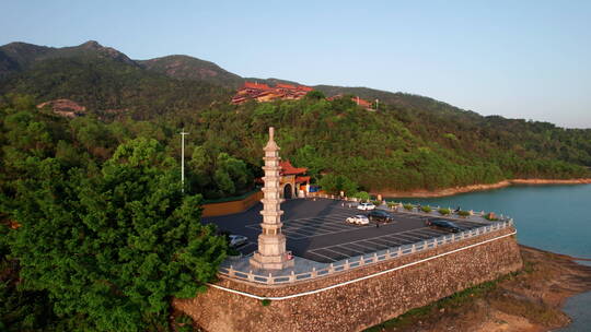 珠海金台寺佛教寺庙夕阳水库航拍