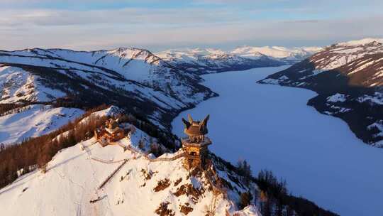 新疆阿勒泰地区喀纳斯景区雪景航拍