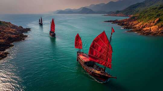 乘风破浪扬帆起航海鸥帆船航行海浪