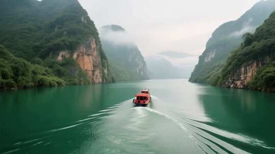 江上游船穿行山水间