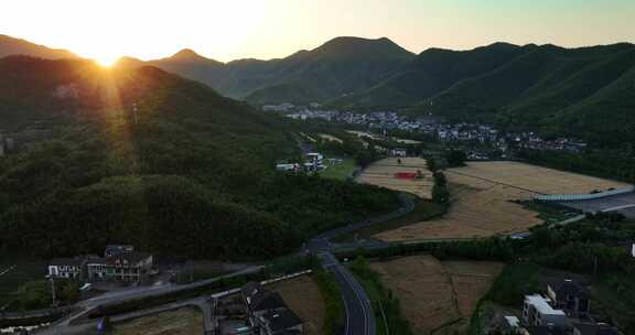 浙江安吉余村绿水青山金山银山夕阳航拍