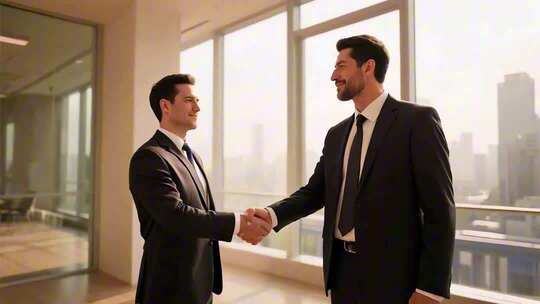 办公室内两商人握手合作
