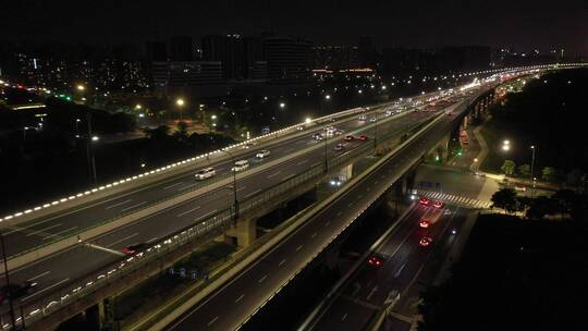 航拍夜晚下的杭州城市高架桥