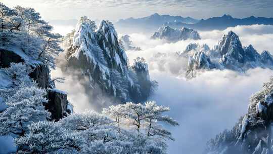 冬天雪景中的云雾大山风景