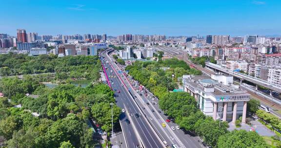 广州车流人流航拍高架桥交通内环路车流