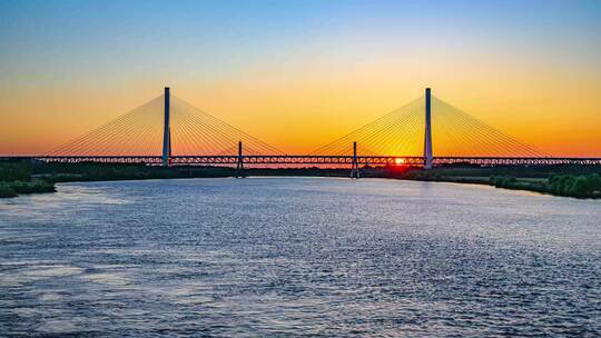 济南黄河大桥晚霞夕阳延时8K