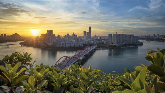 4K广西柳州半岛日转夜延时全景夜景夕阳