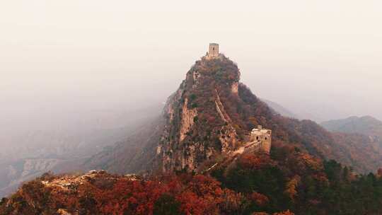 北京秋天司马台长城群山红叶大气航拍