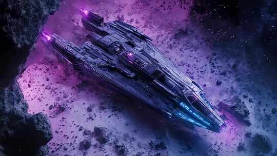 巨型科幻飞船穿梭于紫色星云之间