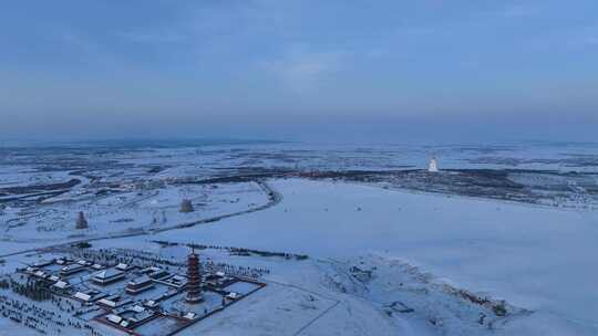 海拉尔旅游风景区一塔两寺冬天雪景