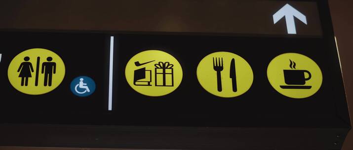 机场洗手间商店和纪念品的标志指示