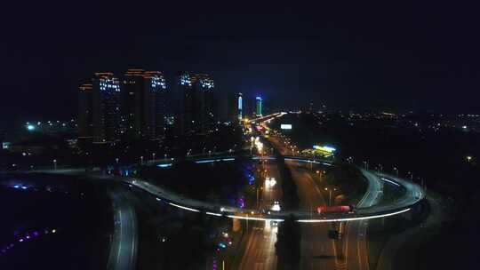 原创拍摄德清县城市街道车流夜景航拍大景