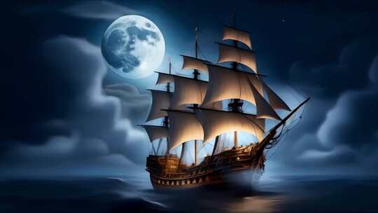 夜晚海洋明月帆船