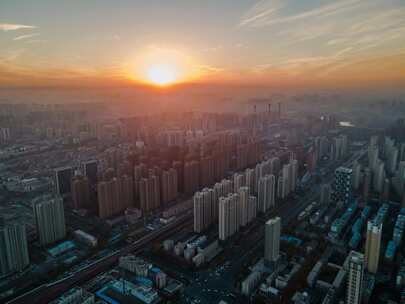 郑州城市夕阳航拍延时摄影