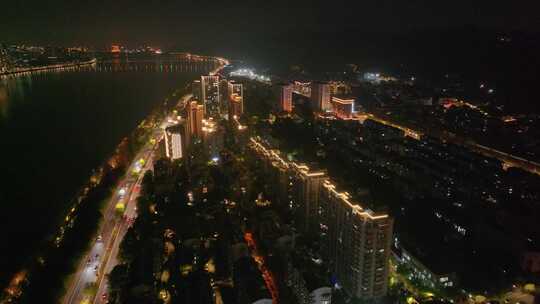 浙江杭州钱塘江上城区夜晚夜景航拍车流交通