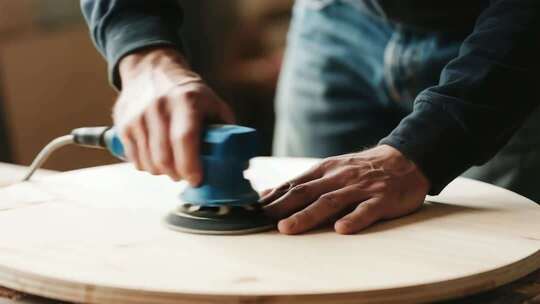 工人使用砂轮机打磨木材