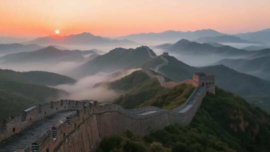 航拍云雾缭绕的壮美万里长城云海日出延时