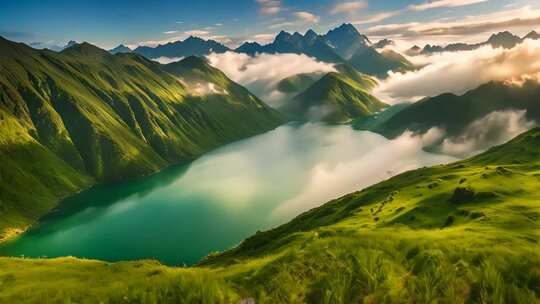 山间湖泊自然风光全景