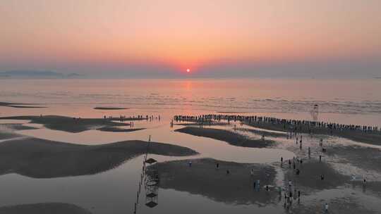 航拍北戴河鸽子窝湿地公园海上日出