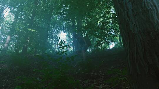 女人在森林里背包徒步旅行视频素材模板下载