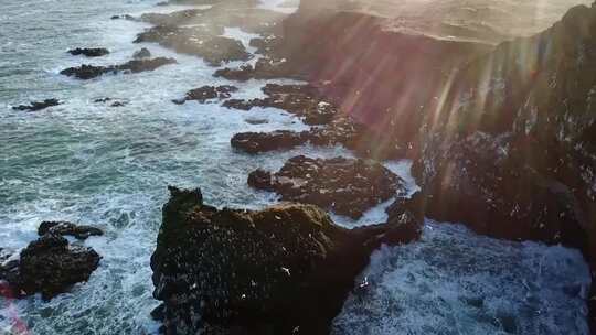 冰岛海蚀柱群日落美景 海鸥 悬崖