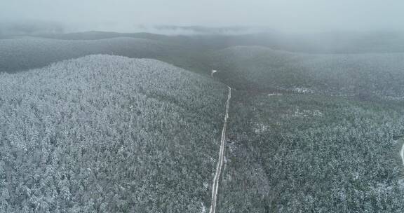 航拍大兴安岭春季降雪山林公路