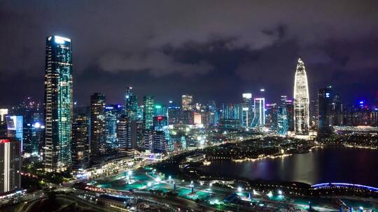 延时航拍夜晚深圳市区CBD现代都市风光