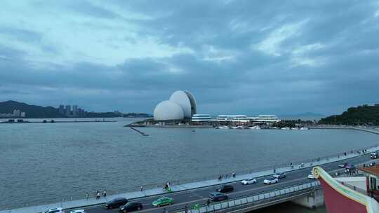 珠海日月贝航拍珠海大剧院地标城市建筑风光