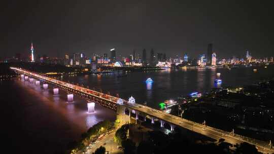 武汉长江大桥夜景航拍长江夜景城市建筑风光