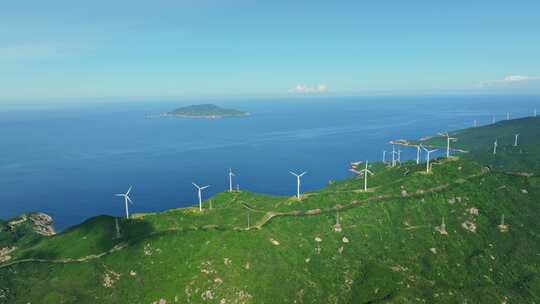 4K 海岛风车山风力发电、绿色清洁能源航拍