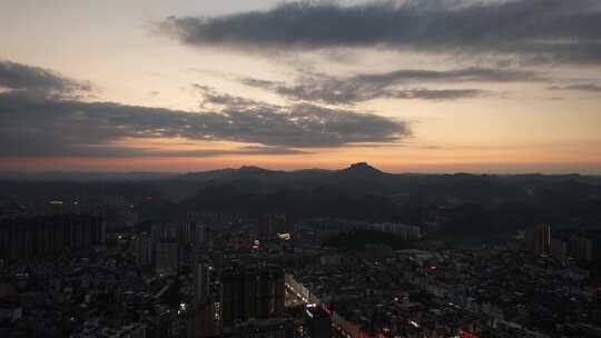 贵州黔东南凯里晚霞夜幕降临夜景航拍