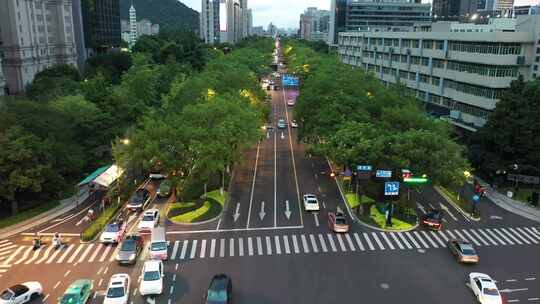 杭州马路夜景 天目山路干净的街道航拍