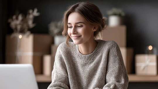 居家办公女性专注电脑前思考