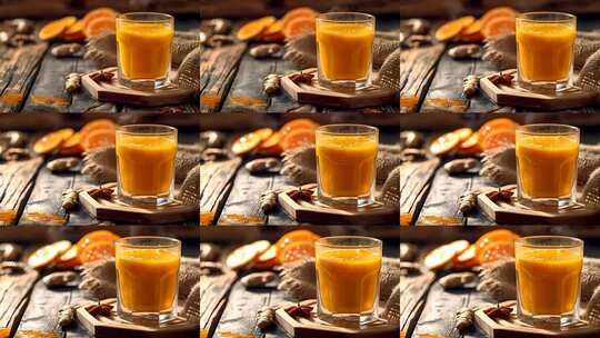 木桌上的一杯橙汁及周边食材高清在线视频素材下载