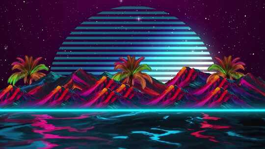 水和太阳复古动画背景，80年代复古，霓虹