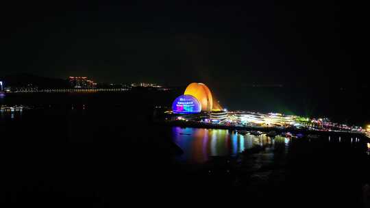 广州珠海日月贝大剧院情侣路海滩夜景航拍