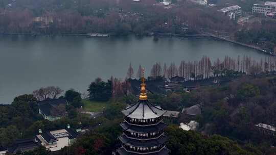 中国杭州西湖雷峰塔烟雨江南航拍