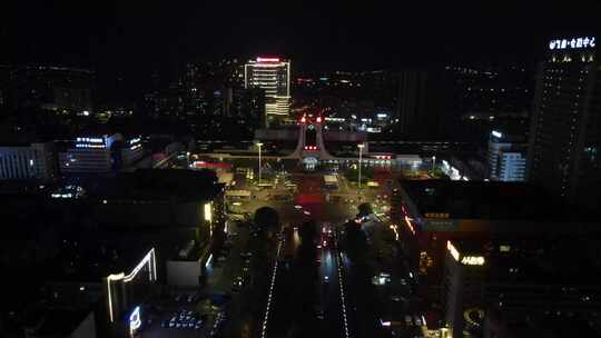 航拍湖南岳阳火车站立交桥夜景