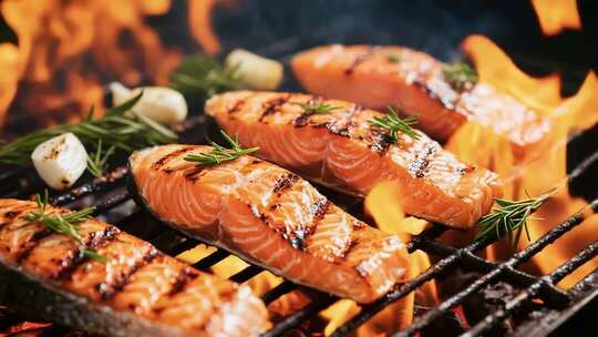 烤架上的三文鱼烧烤画面