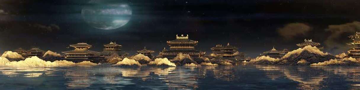 古风夜景楼阁湖面素材