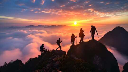 登山者山顶观日出云海