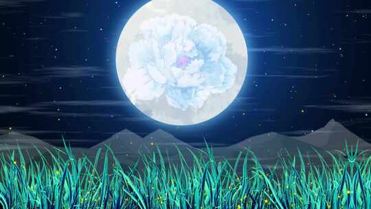 唯美大海上升月亮白月光蓝色夜空圆月花瓣