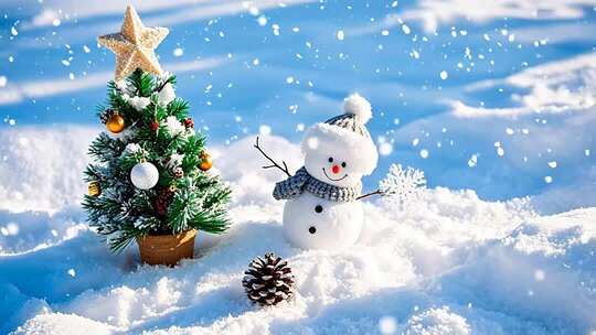 雪地中的圣诞树与雪人