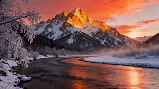 冬天冬季雪山山峰河流唯美自然风景