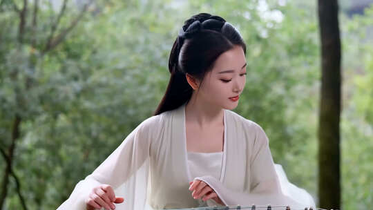 唯美古装女子林中抚琴