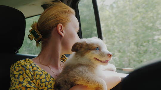 女人坐在车内抱着宠物狗视频素材模板下载